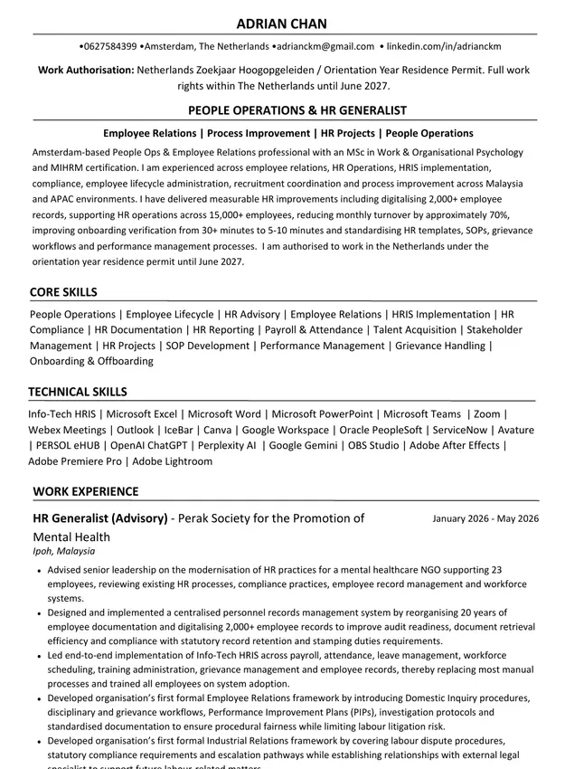 Preview of Adrian Chan's 2026 resume